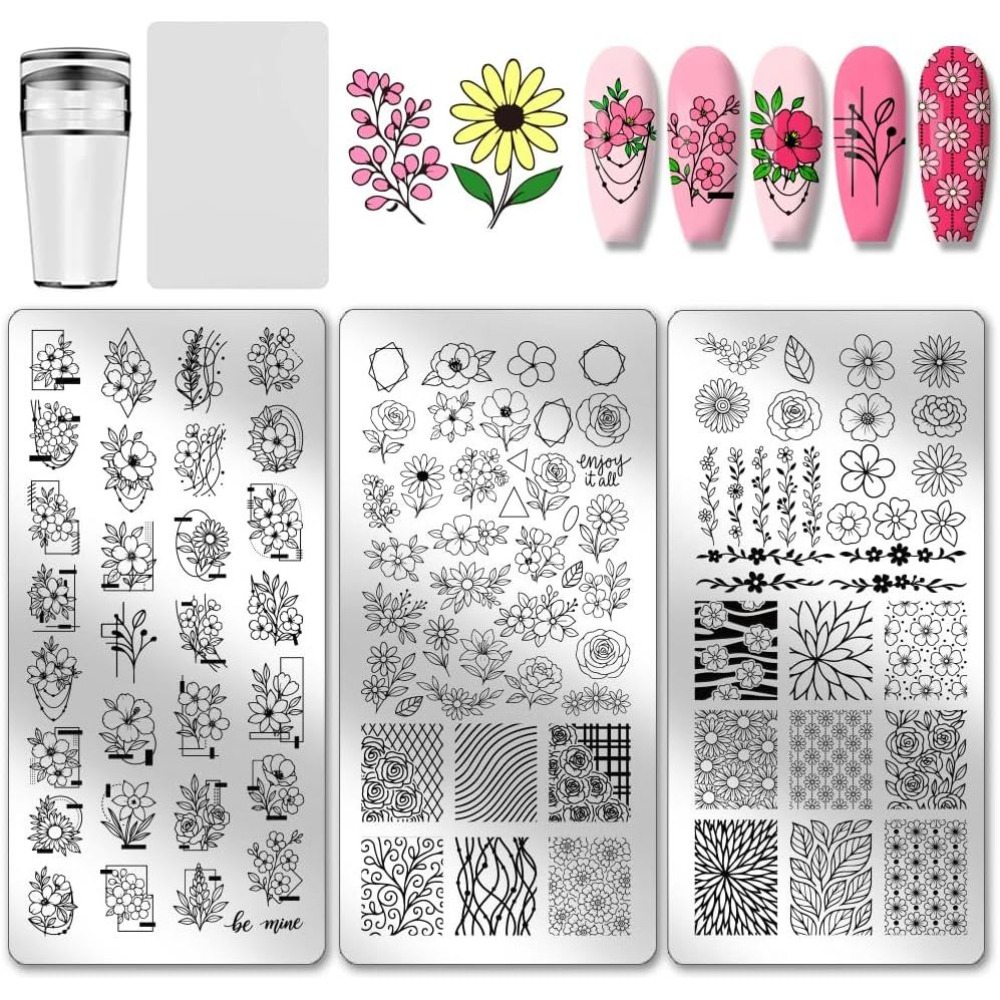 Nail Stamping Plate - 3pcs Flower Nail Stamping Plates Leaves